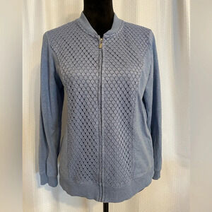 Alfred Dunner light blue lace panel front full zip jacket size petite 10